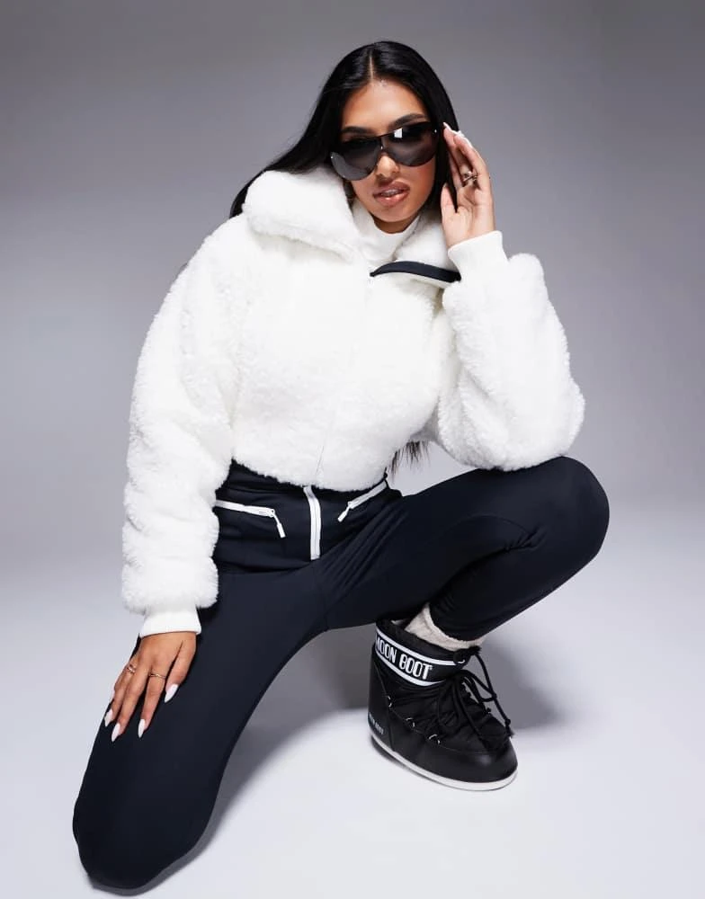 ASOS 4505 Ski suit with faux fur panels and skinny leg in black and white 1