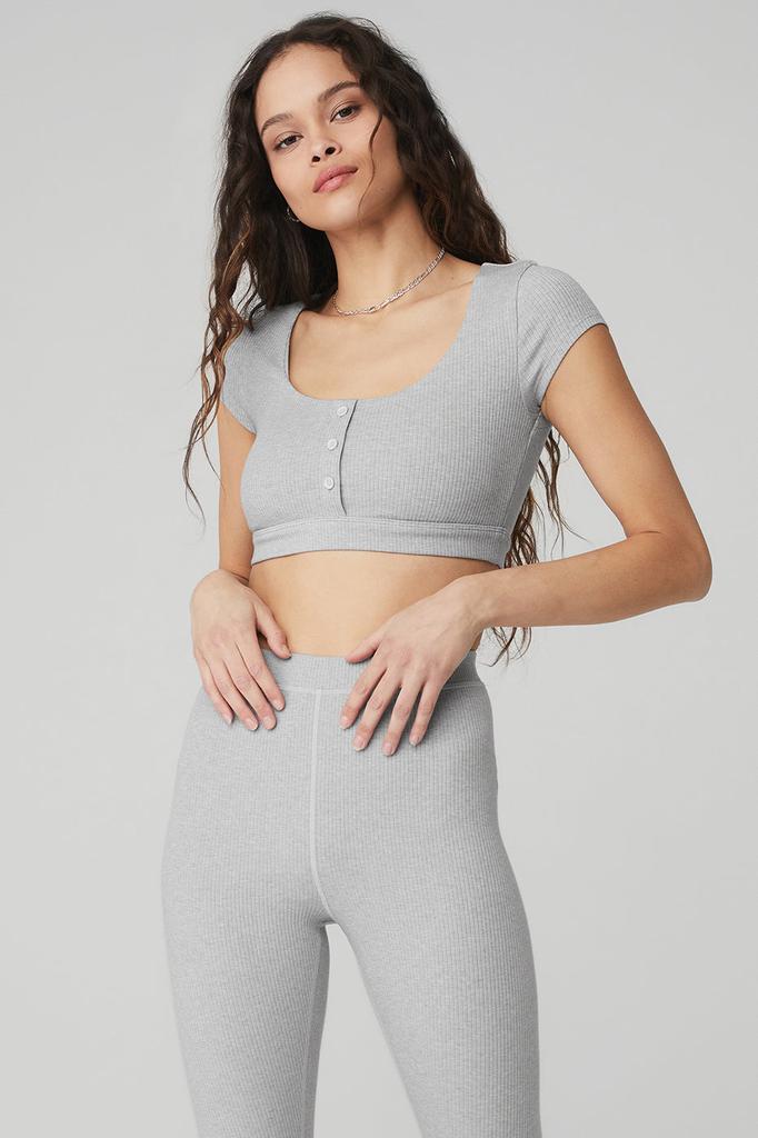 Alo Blissful Henley Bra Top - Athletic Heather Grey