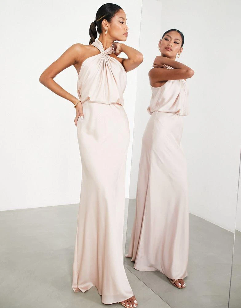 ASOS ASOS DESIGN Bridesmaid satin ruched halter neck maxi dress in blush 4