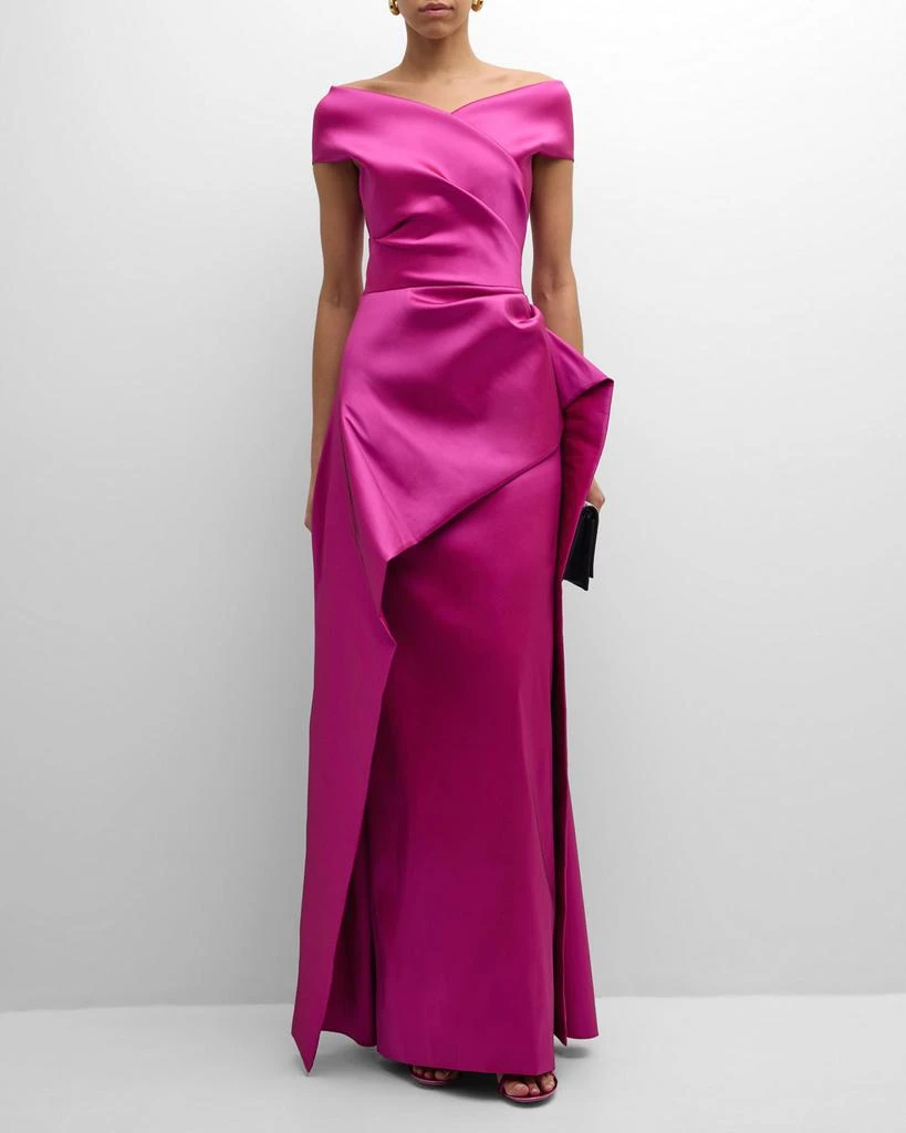 open lace back dress Metallic Jacquard Side Drape Peplum Gown  Terijon.com