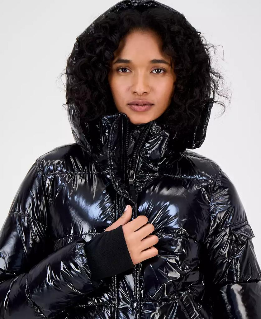 Shop Women's Ella Hooded Thumbhole-Cuff Shine Puffer Coat on Sale