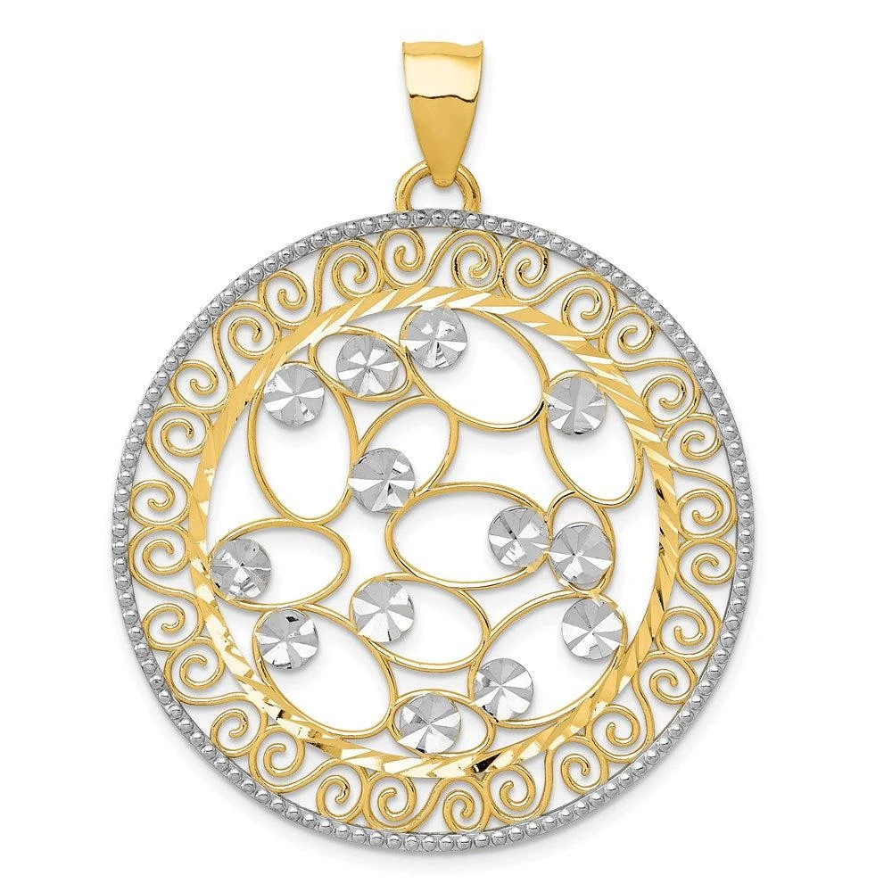 Diamond2Deal 14k Yellow Gold and White Rhodium Diamond-cut Filigree Pendant 1