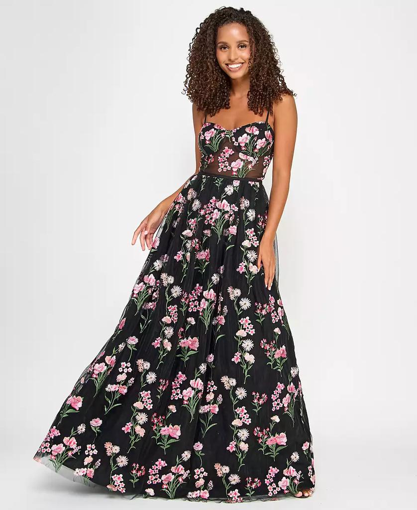 City Studios Juniors' Floral-Embroidered Tulle Ballgown, Created for Macy's