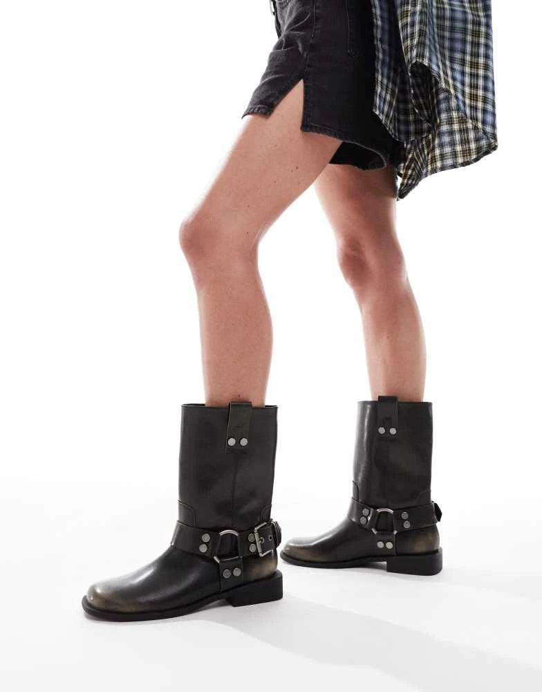 ASOS ASOS DESIGN Arley burnished flat biker boot in brown 1