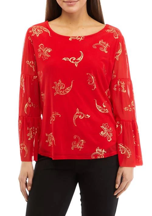 Ruby Rd Rd Womens Scoop Neck Scroll Foil Print Mesh Top 1