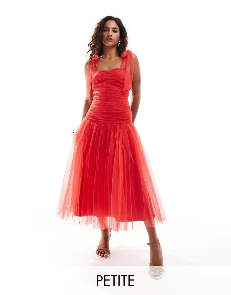 Lace & Beads Petite drop waist bow shoulder midaxi dress in red  On Sale  Now with Up to 60% Off | Discover Exclusive Deals & Savings at BeyondStyle   Authentic Lace