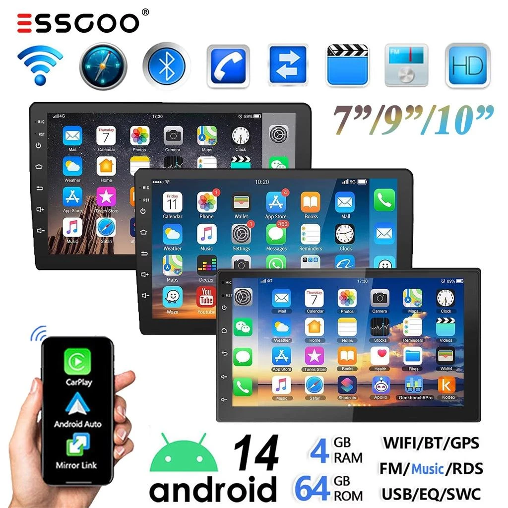 ESSGOO 10" 2 DIN Android 14 Car Stereo with Gpt, Camera, Mic CarPlay, Android Auto, GPS Navigation, Bluetooth, FM RDS Radio, Wi-Fi, and Touchscreen Integration 3