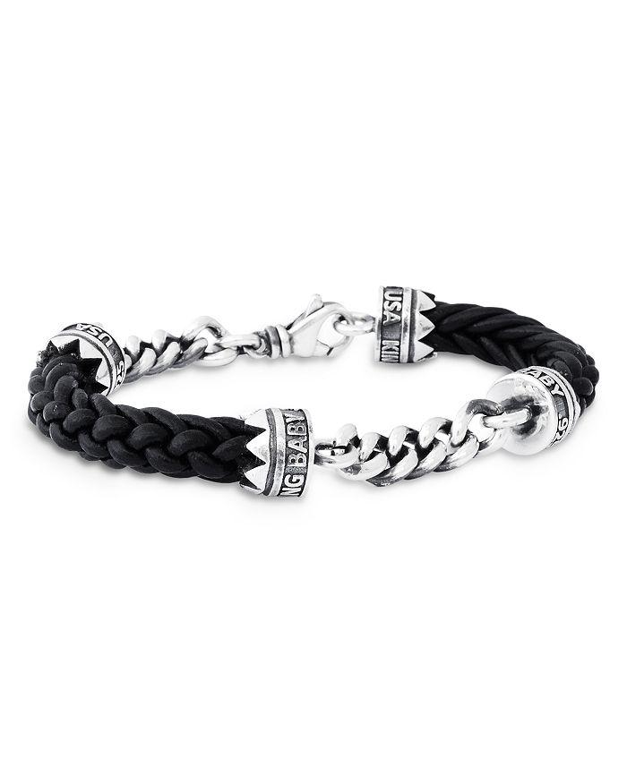 King Baby Men's Sterling Silver Men's Double Chain & Leather Bracelet