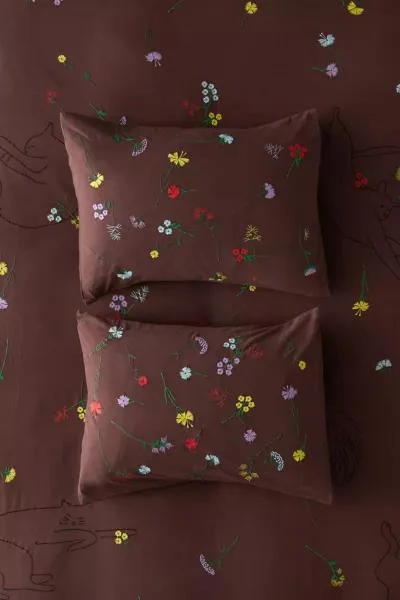 Urban Outfitters Sleepy Cats Embroidered Sham Set 2