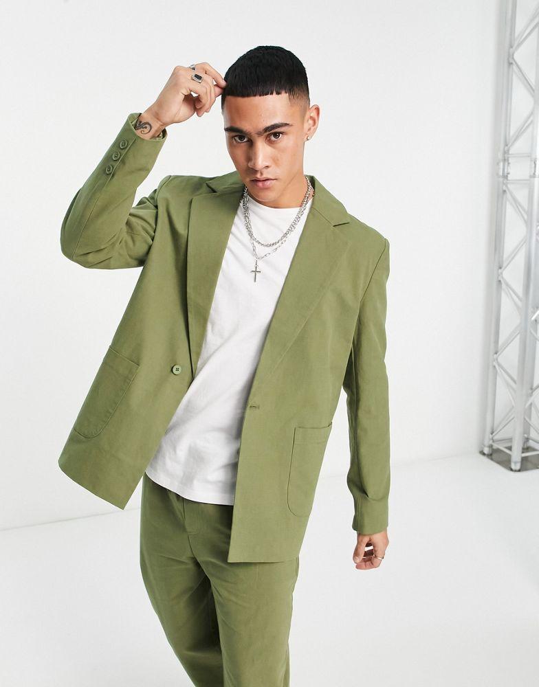 Reclaimed Vintage Reclaimed Vintage slim fit relaxed summer blazer in khaki co-ord