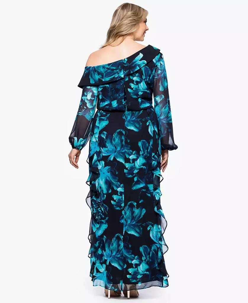 XSCAPE Plus Size Printed Asymmetrical-Neckline Long Dress 4