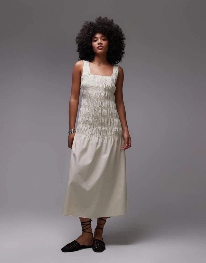 ARKET ARKET cotton rich midi dress with smocked bodice and drop waist in beige 1