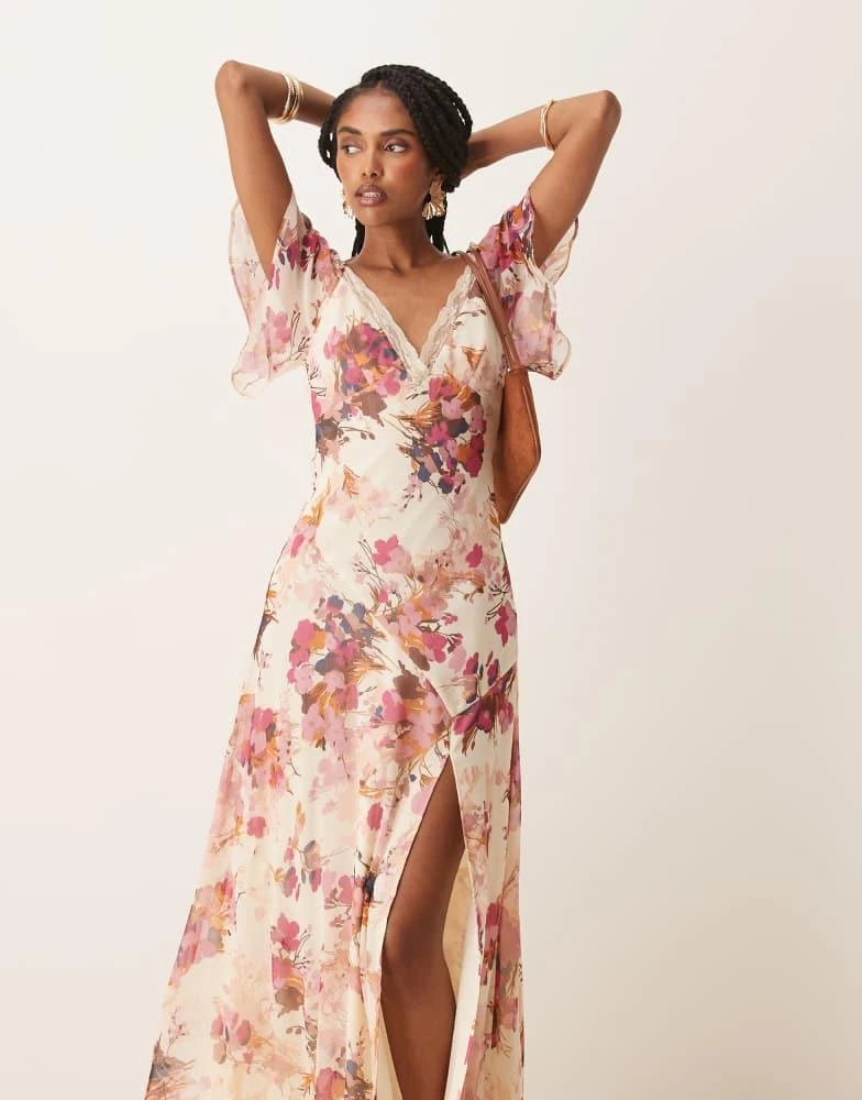 ASOS Design lace insert chiffon midi tea dress in floral print-Multi ASOS Design lace insert chiffon midi tea dress in floral print-Multi