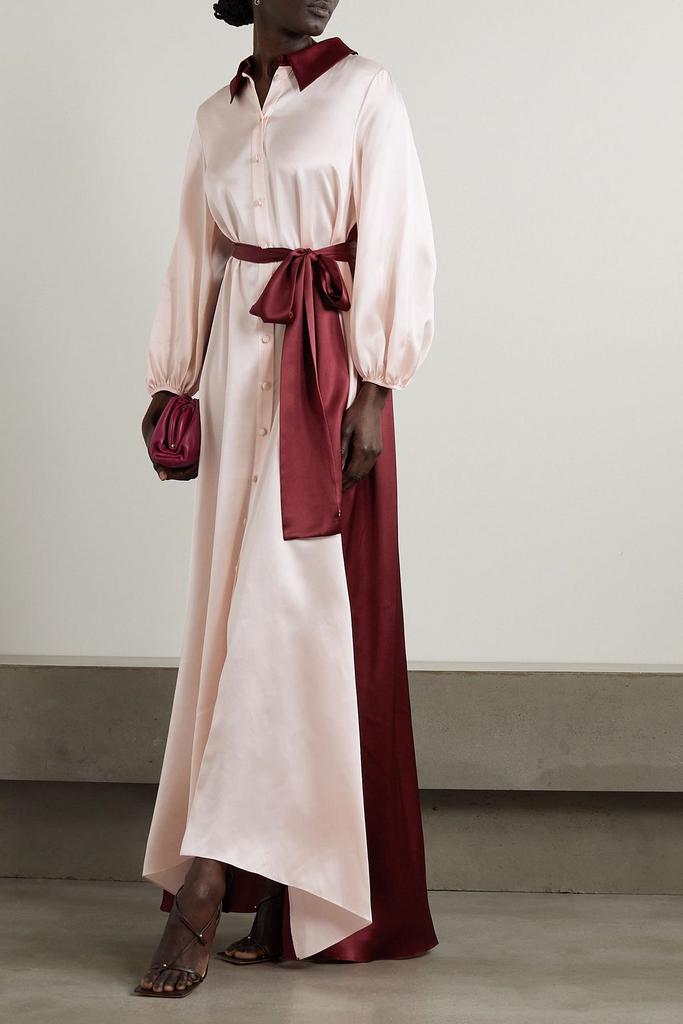 Halpern Belted two-tone silk-satin maxi shirt dress