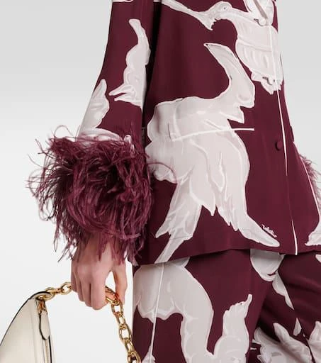 Valentino Printed feather-trimmed silk crêpe de chine blouse 5