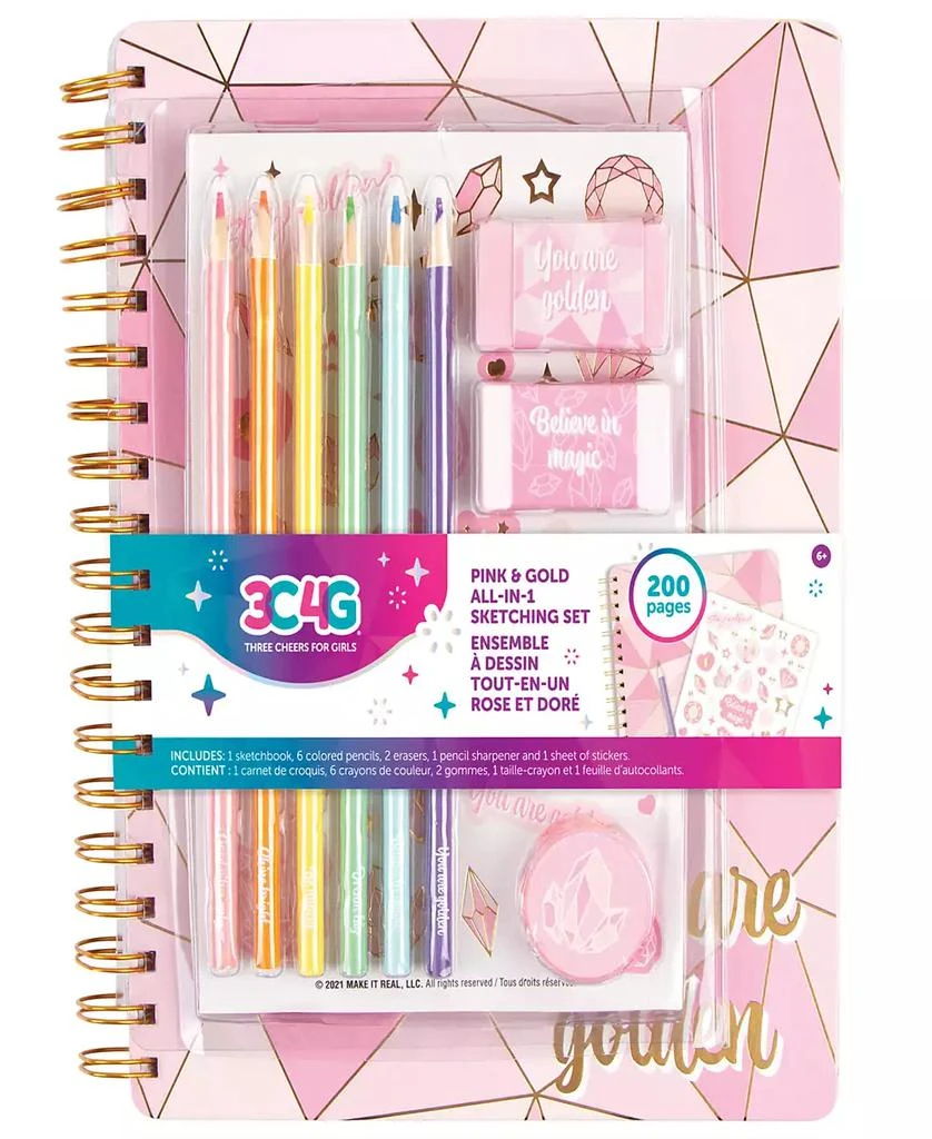 Three Cheers For Girls 3C4G Pink Gold-Tone All-in-1 Sketching Set Make It Real, Tweens Girls, Journal Art 200 Page Book, Take Notes in Class, Sketch Doodle, Spark Creativity 1