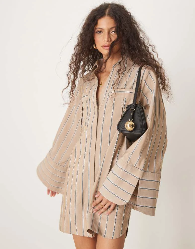 ASOS ASOS DESIGN mini shirt dress with wide cuffs and oversized pockets in tan stripe 1