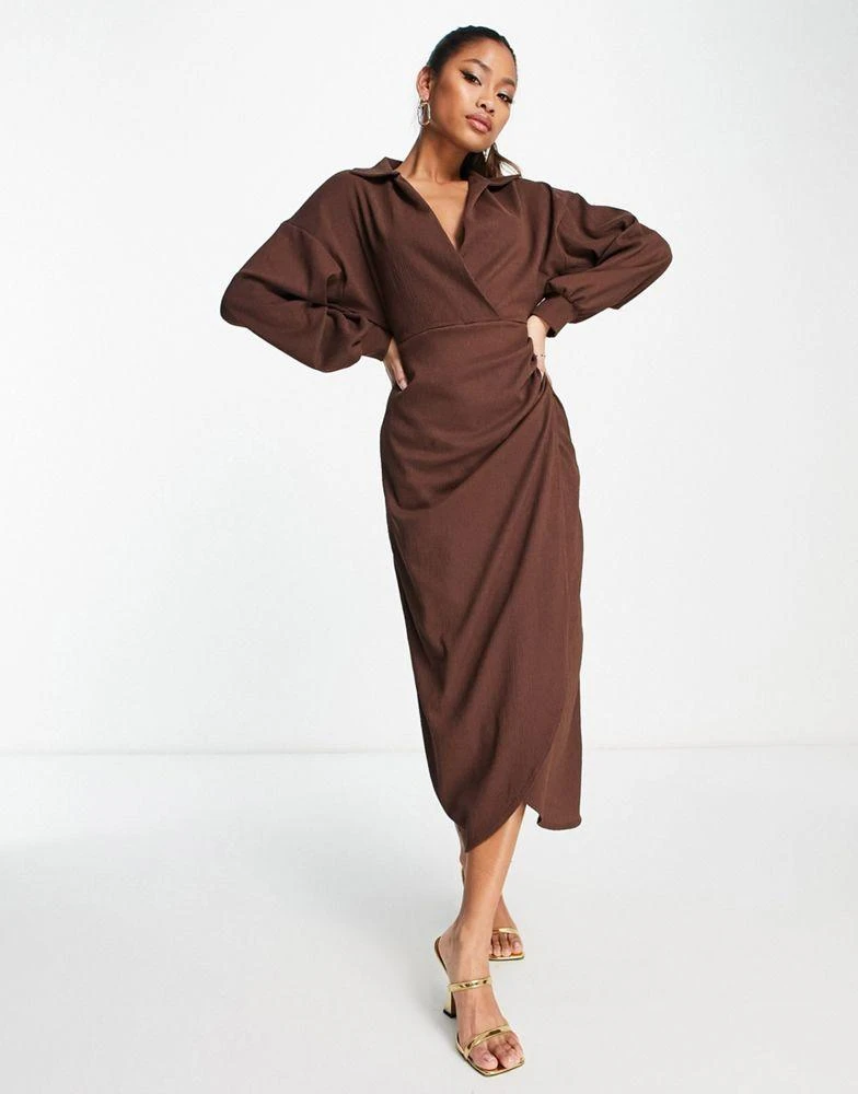 ASOS ASOS DESIGN textured collared wrap midi dress in brown 1