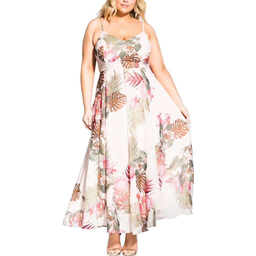 City Chic Plus Womens Floral Print V-Neck Maxi Dress
