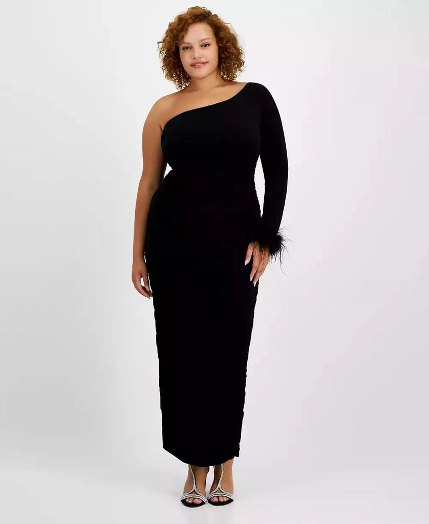 City Studios Trendy Plus Size One-Shoulder Feather-Cuff Gown 1