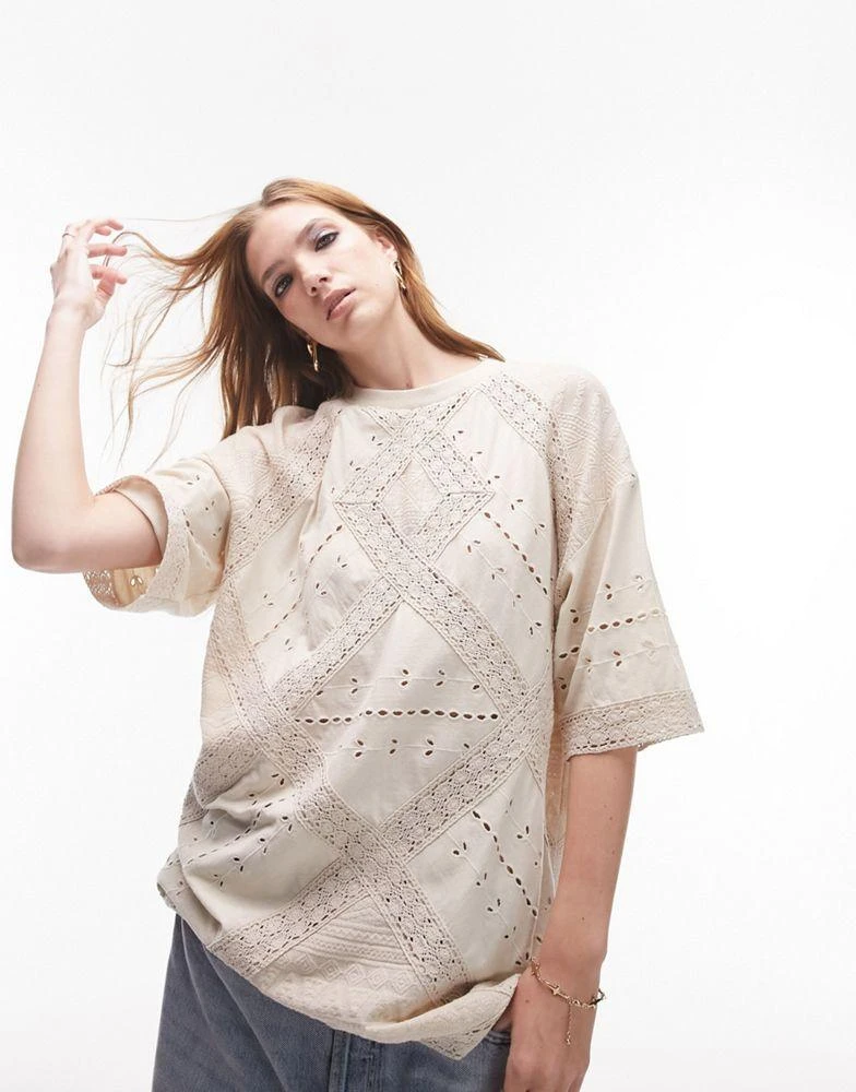 Topshop Topshop cutwork oversized tee in washed stone 1