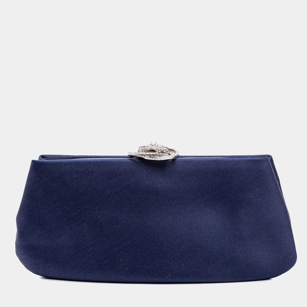 Chanel Chanel Navy Blue Satin Crystal Camellia Evening Frame Clutch 1