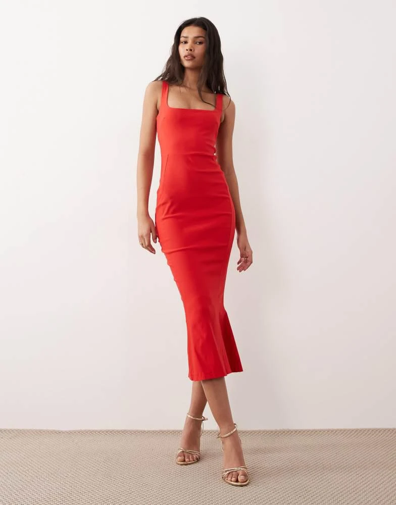 strapless open back dress Passionista Red Bardot Bodycon Strapless Midi Dress