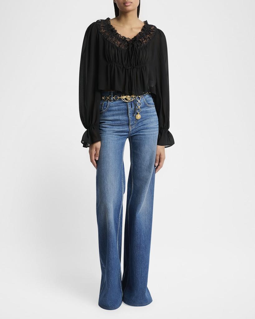 Chloé Ruched Lace Silk Peasant Blouse