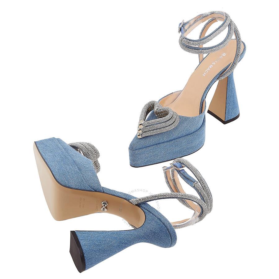 Mach & Mach Denim Blue Crystal Triple Heart Platform Pumps