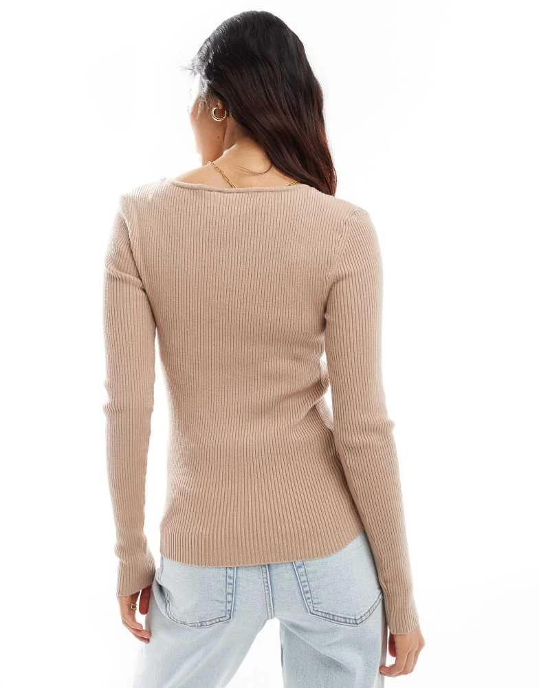 Y.A.S. YAS asymmetric neck long sleeve knitted top in beige - BEIGE 4