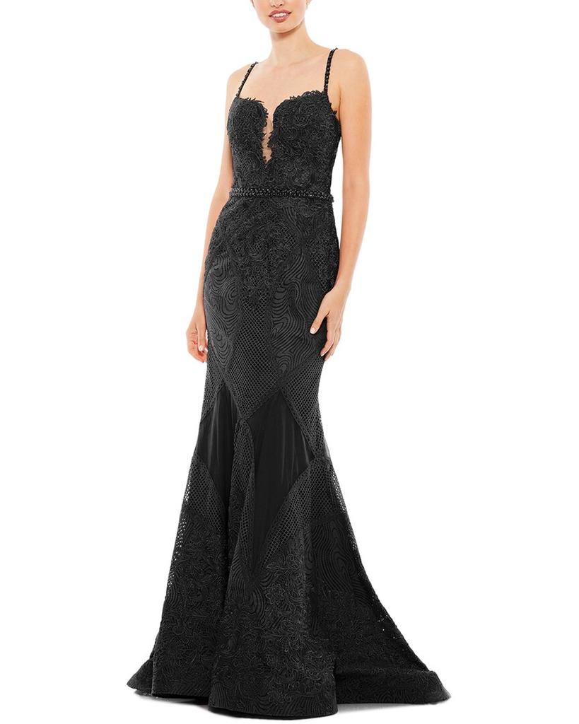 Mac Duggal Embroidered Plunge Neck Trumpet Gown