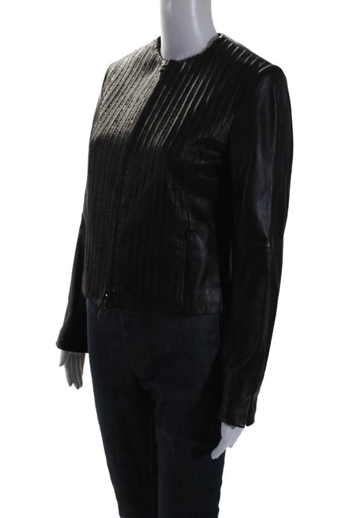 WORTH Womens Dark Brown Leather Textured Full Zip Long Sleeve Jacket 2