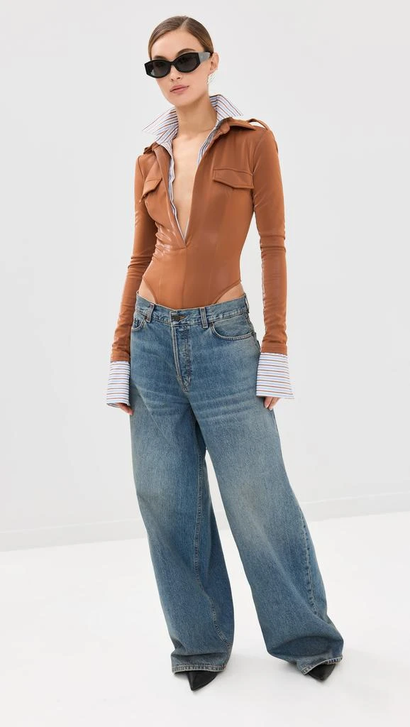 LaQuan Smith Long Sleeve Button Down Bodysuit with Poplin Dickie 4