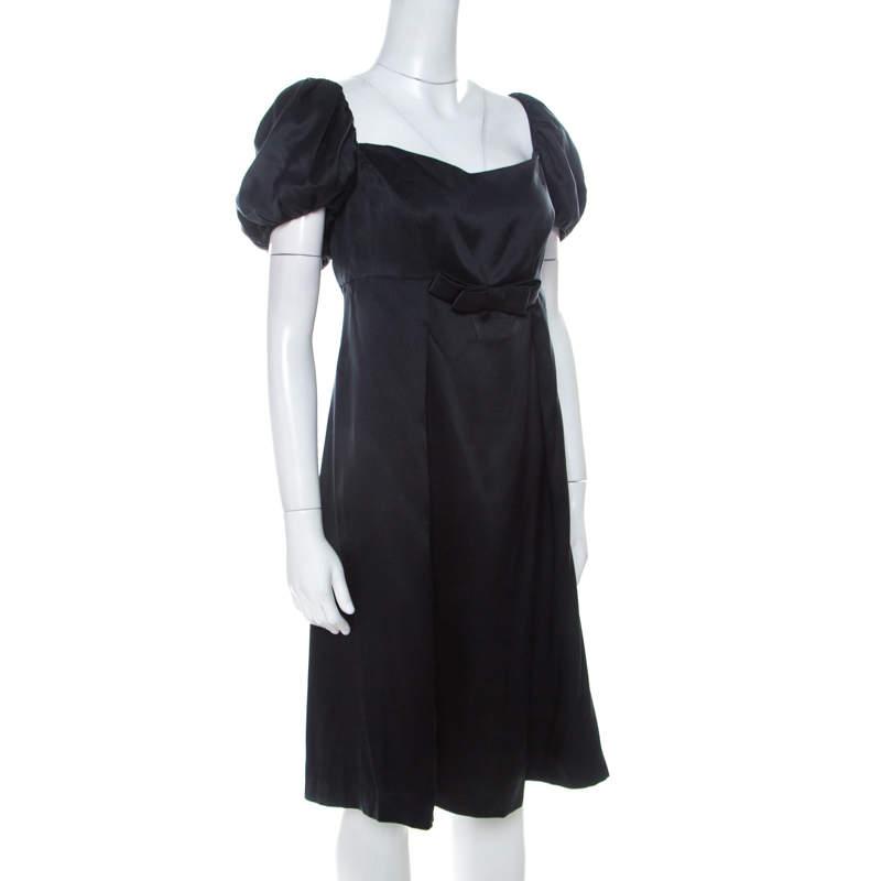 Issa Issa Black Silk Puff Sleeve Front Bow Detail Short Dress L