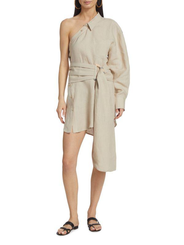 Piece of White Blake One Shoulder Linen Mini Shirtdress