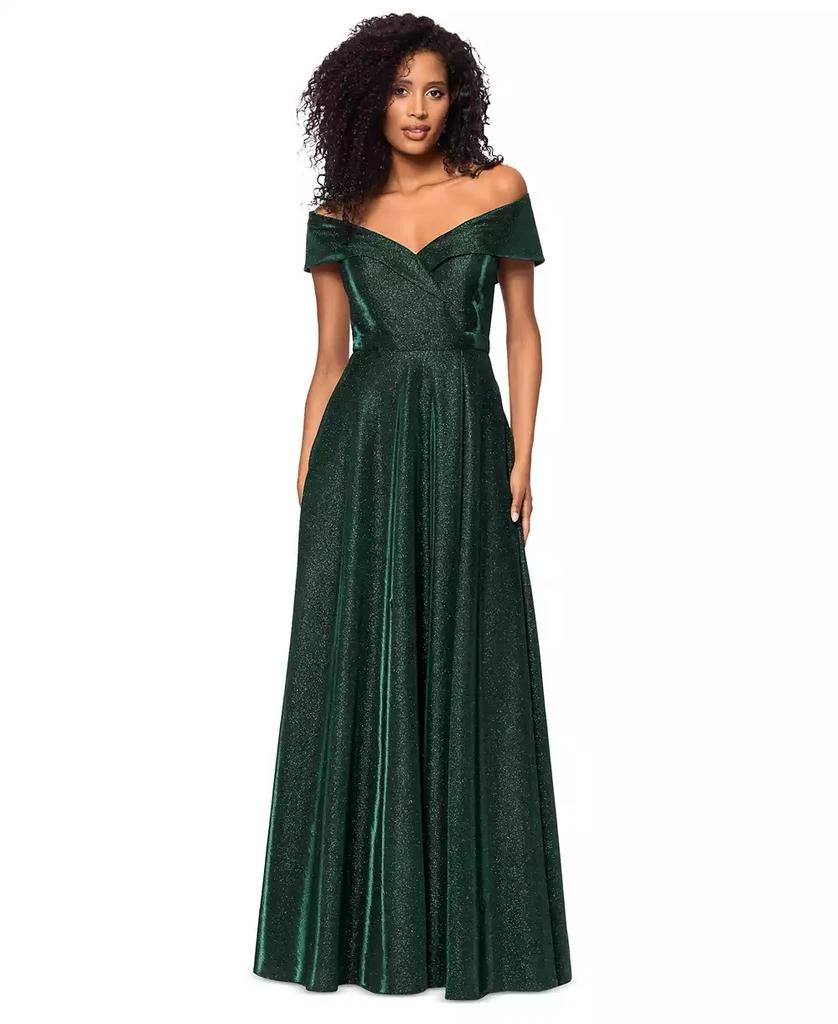 XSCAPE Women's Off-The-Shoulder Shimmer Wrap Style Gown 1