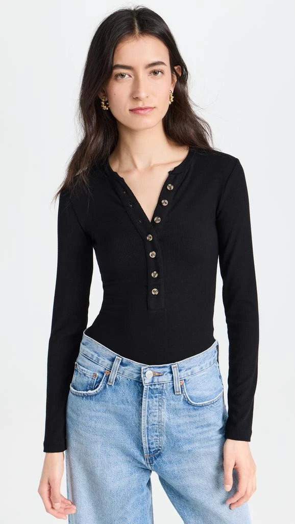 Ambitionist Button Up Ribbed Henley Thong Bodysuit 1