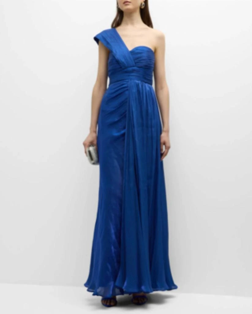 Badgley Mischka Draped One Shoulder Pleated Chiffon Gown In Bright Blue 1