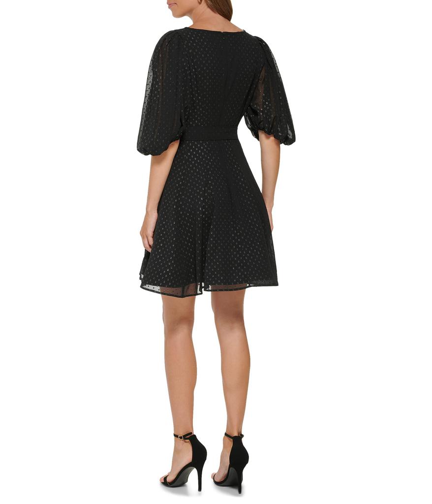 DKNY V-Neck Fit-and-Flare Dress with Balloon Sleeve