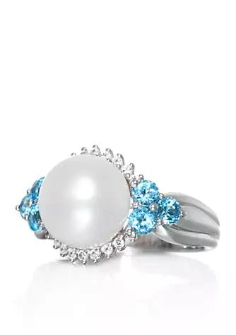 Belk 
Co. Freshwater Pearl, Blue Topaz 
White Topaz Ring in Sterling Silver