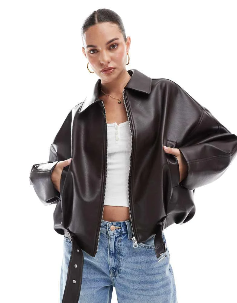 Pull&Bear Pull&Bear oversized faux leather biker jacket in chocolate 1