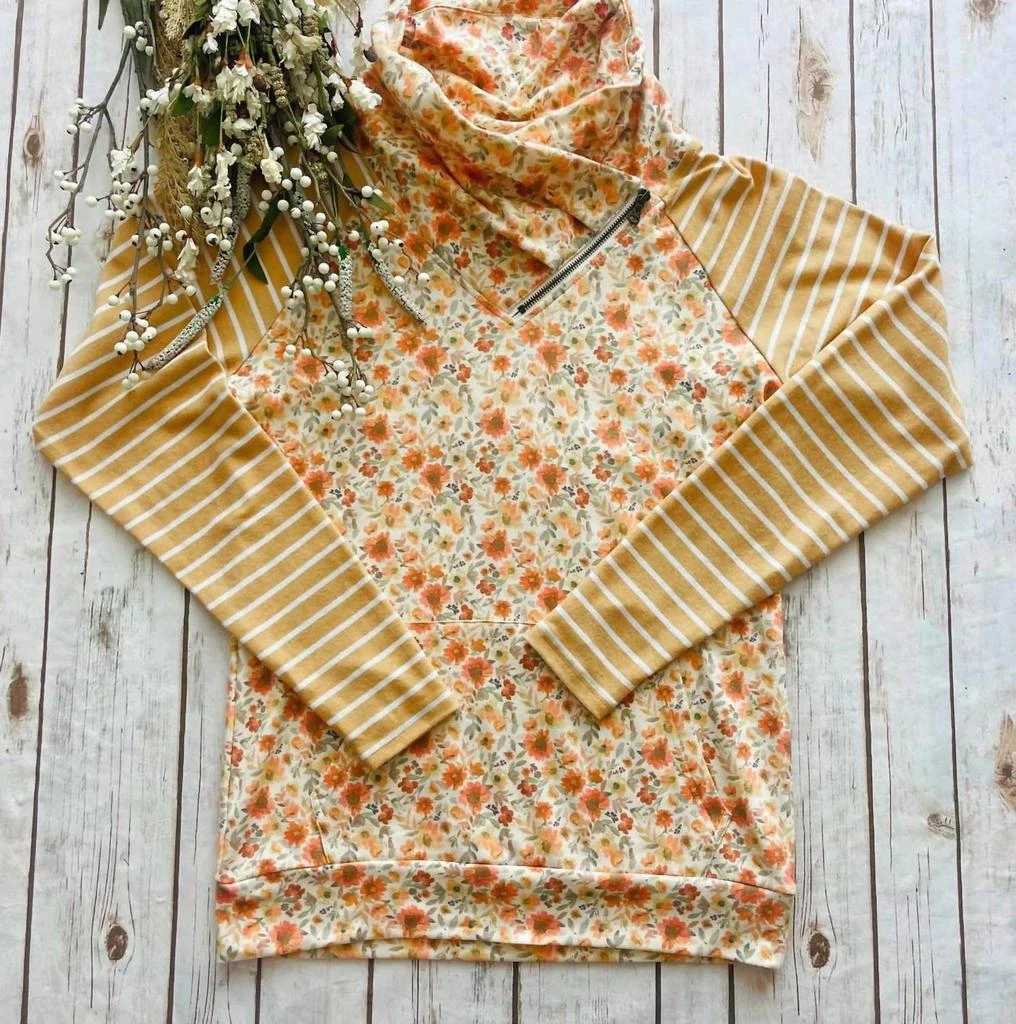 Michelle Mae Zoey Zip Cowlneck Sweatshirt In Mustard Floral Stripe 5