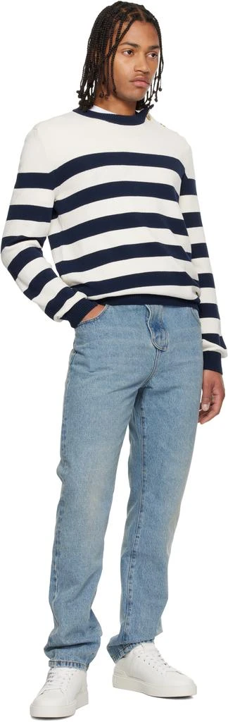 Balmain White 
Navy Buttoned Marinière Knit Sweater 4