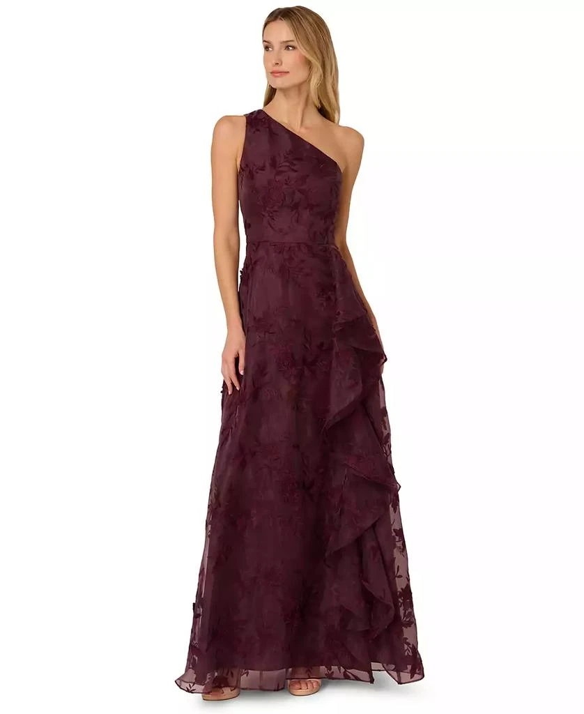 adrianna papell cascade ruffle evening dress High Low Crepe Halter Gown With Organza Draping In Cabernet main image 0