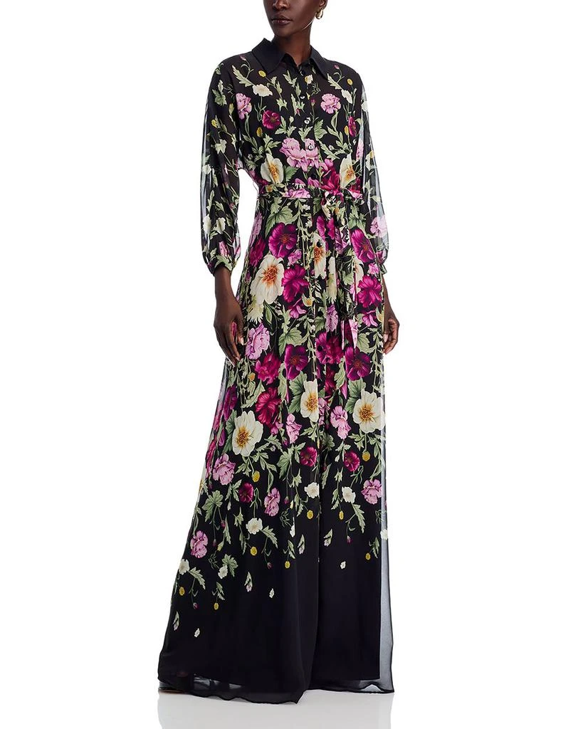 Teri Jon Chiffon Floral Print Shirt Waist Maxi Dress 1