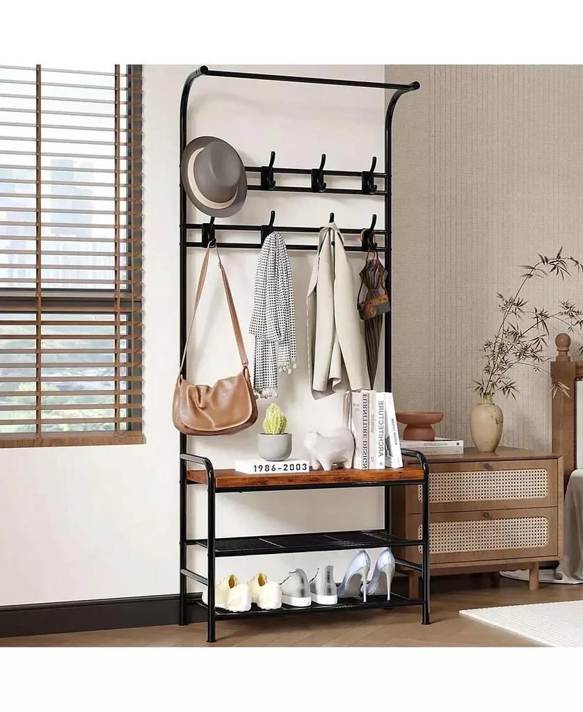 gaomon Hall Tree Shoe Bench, 4-in-1 Industrial Entryway Storage Bench with 8 Sturdy Hooks, Freestanding Coat Rack for Small Spaces, Apartments, Retro Brown