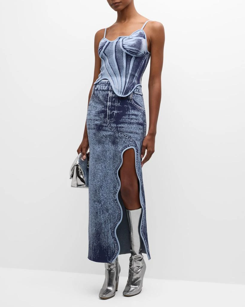 PH5 Lily Denim-Print Wavy Slit Midi Skirt 3