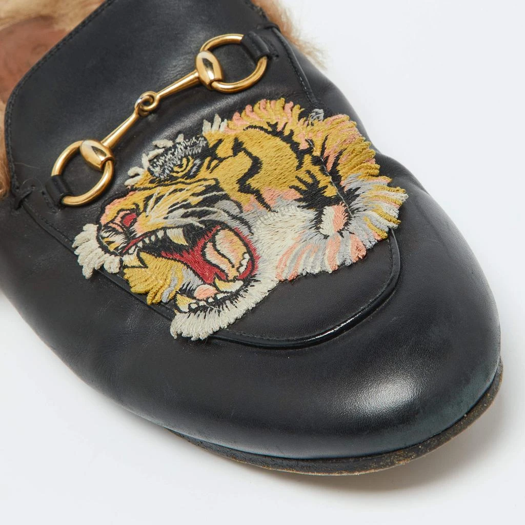 Gucci Gucci Black Leather and Fur Tiger Embroidered Princetown Mules Size 39 7