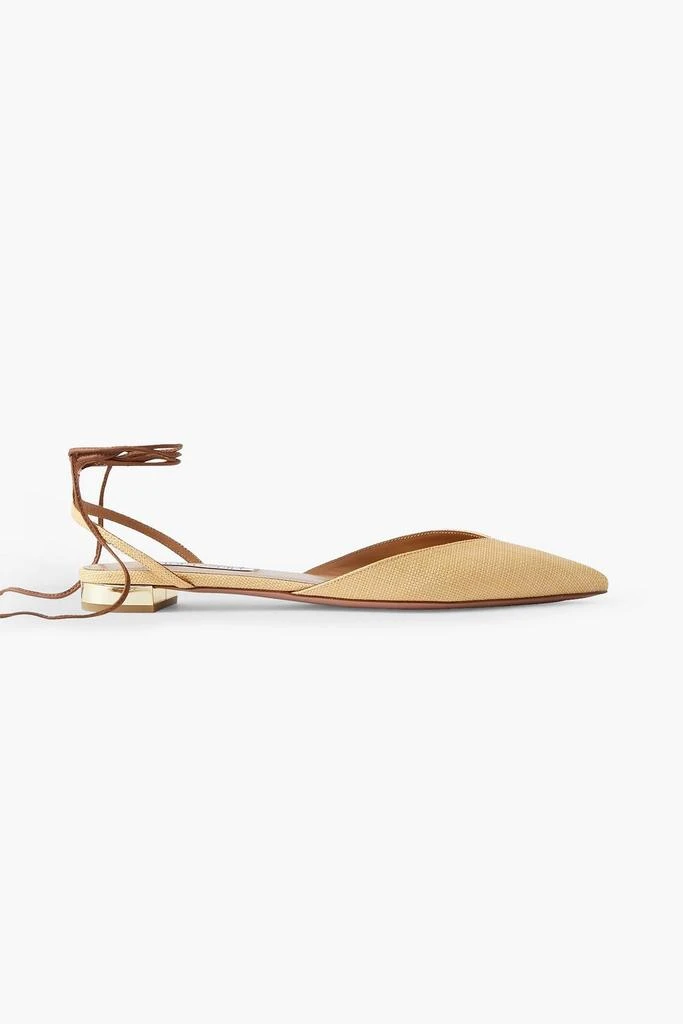 Aquazzura Beyond leather-trimmed woven raffia point-toe flats 1