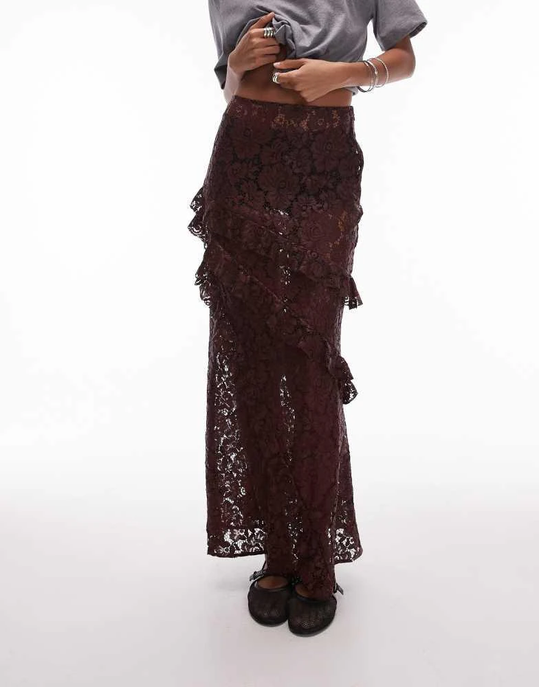 Topshop Topshop sheer lace ruffle maxi skirt in burgundy 1